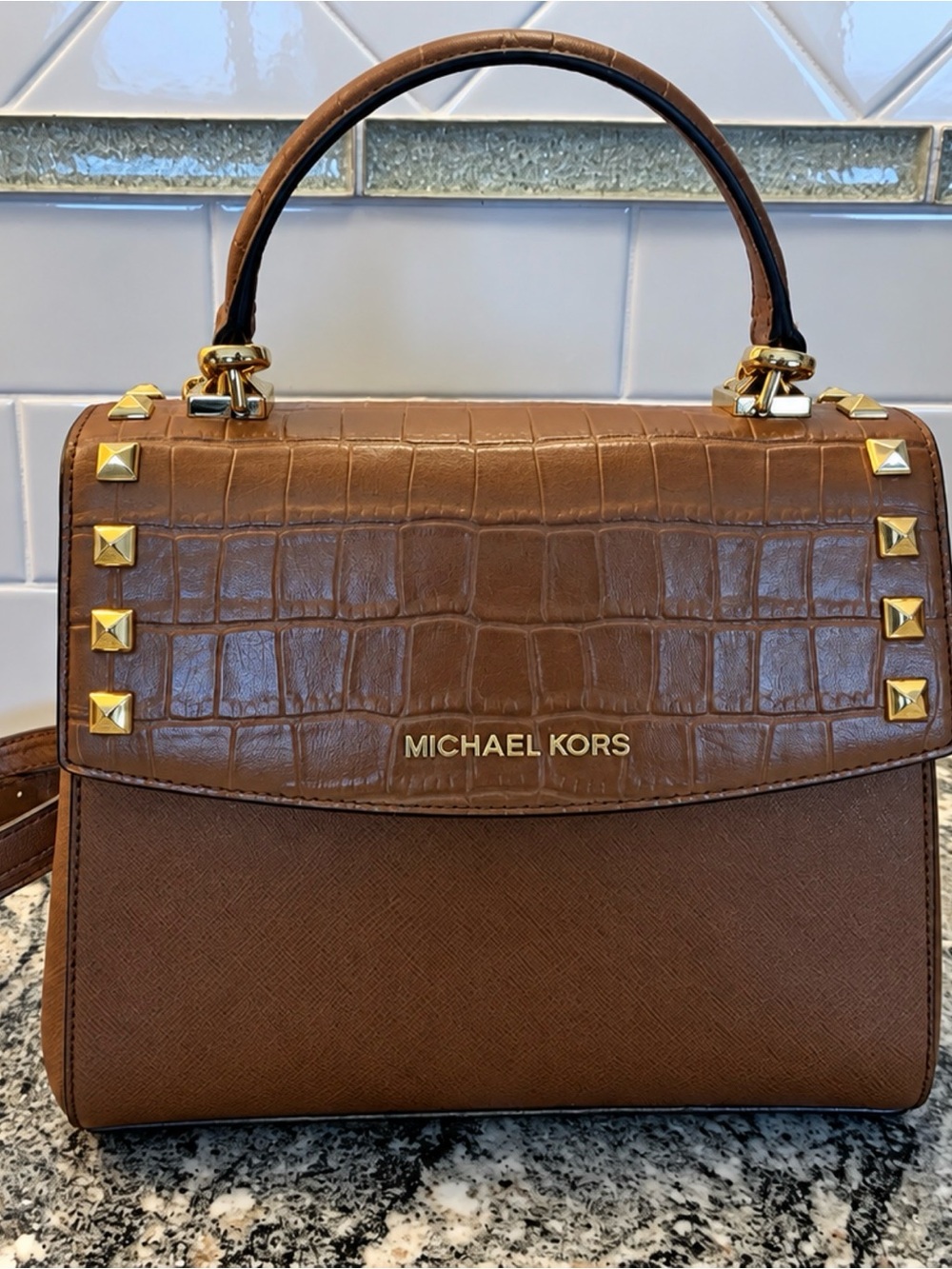 MICHAEL KORS Karla crossbody Croc-Texture Handle Satchel Gold Hardware. Brown
